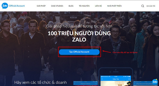 Giao diện trang chủ tạo tài khoản Zalo