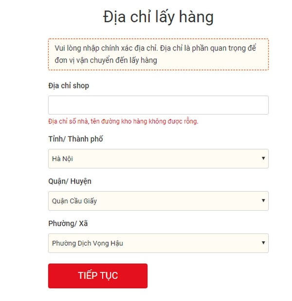 Cập nhật thông tin địa chỉ nhập hàng