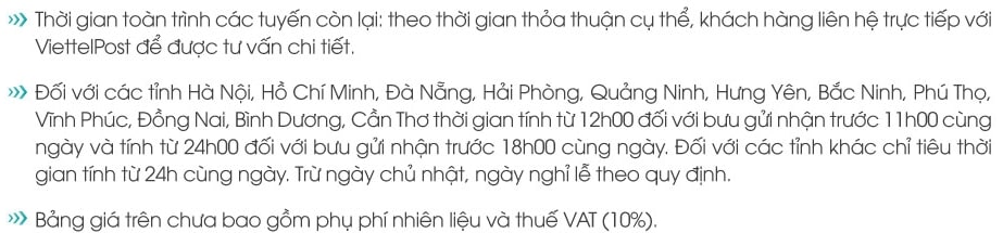 Chỉ tiêu một số tuyến hỏa tốc