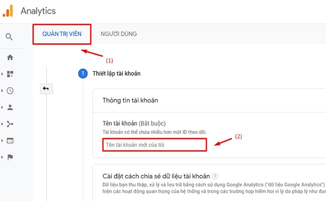 Thiết lập thông tin tài khoản cài đặt google analytics