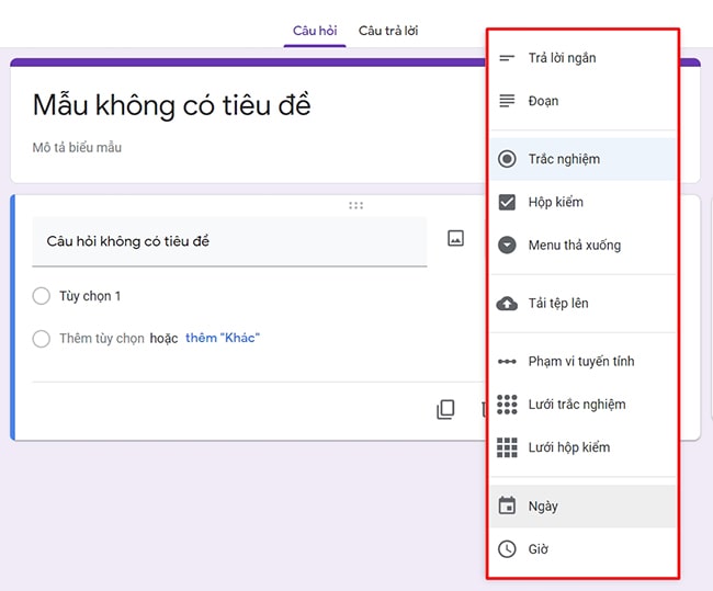 Các trường nhập liệu tại biểu mẫu Google Form