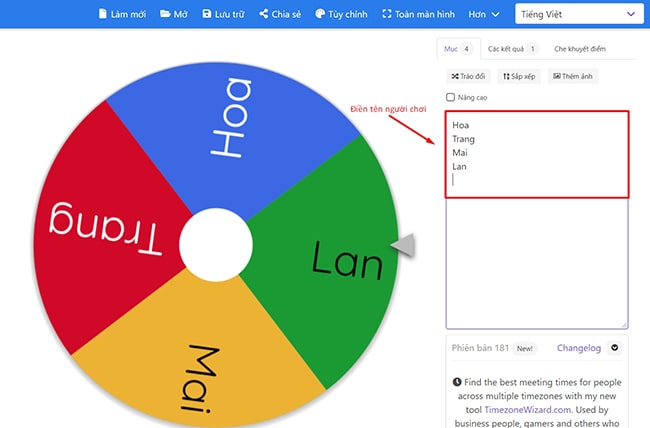 Tạo vòng quay may mắn bằng Wheel of names