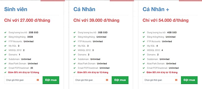 Bảng giá hosting