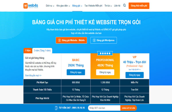 bảng giá thiết kế website tại web4s