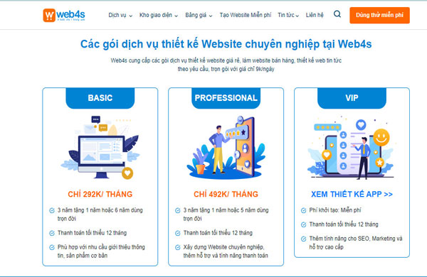 bảng giá dịch vụ thiết kế website